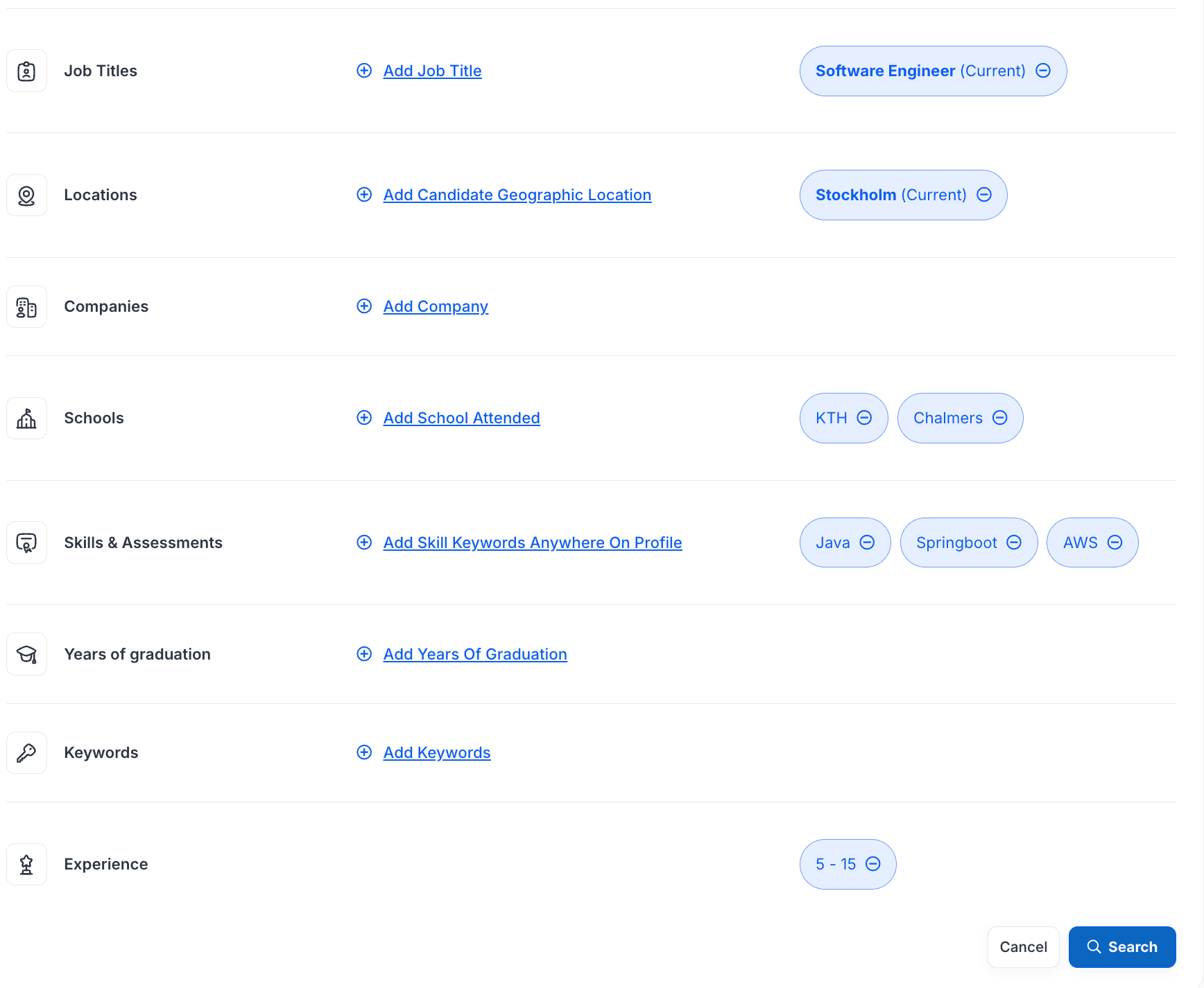 Search parameters interface