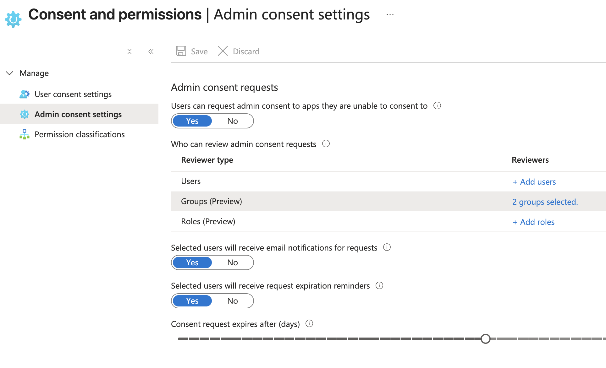 Azure "Admin consent settings" page with the request toggle and reviewer options
